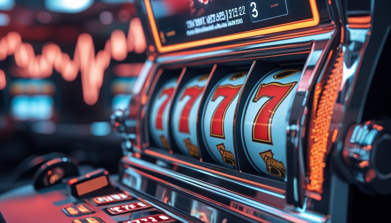 Mesin slot modern dengan tiga simbol angka tujuh merah yang menyala di lingkungan kasino futuristis.