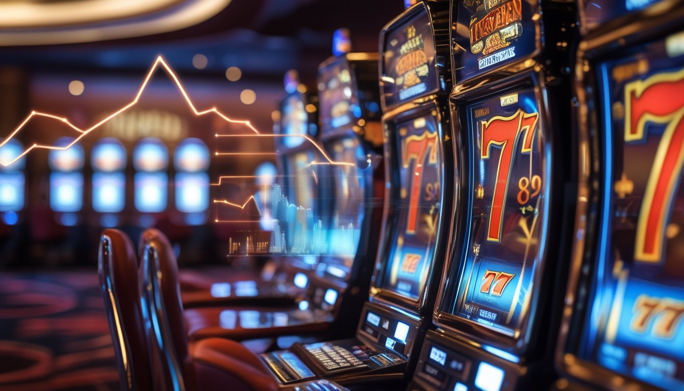 Mesin slot bertema angka tujuh dengan visual abstrak yang menggambarkan analisis RTP dan volatilitas di suasana kasino modern.