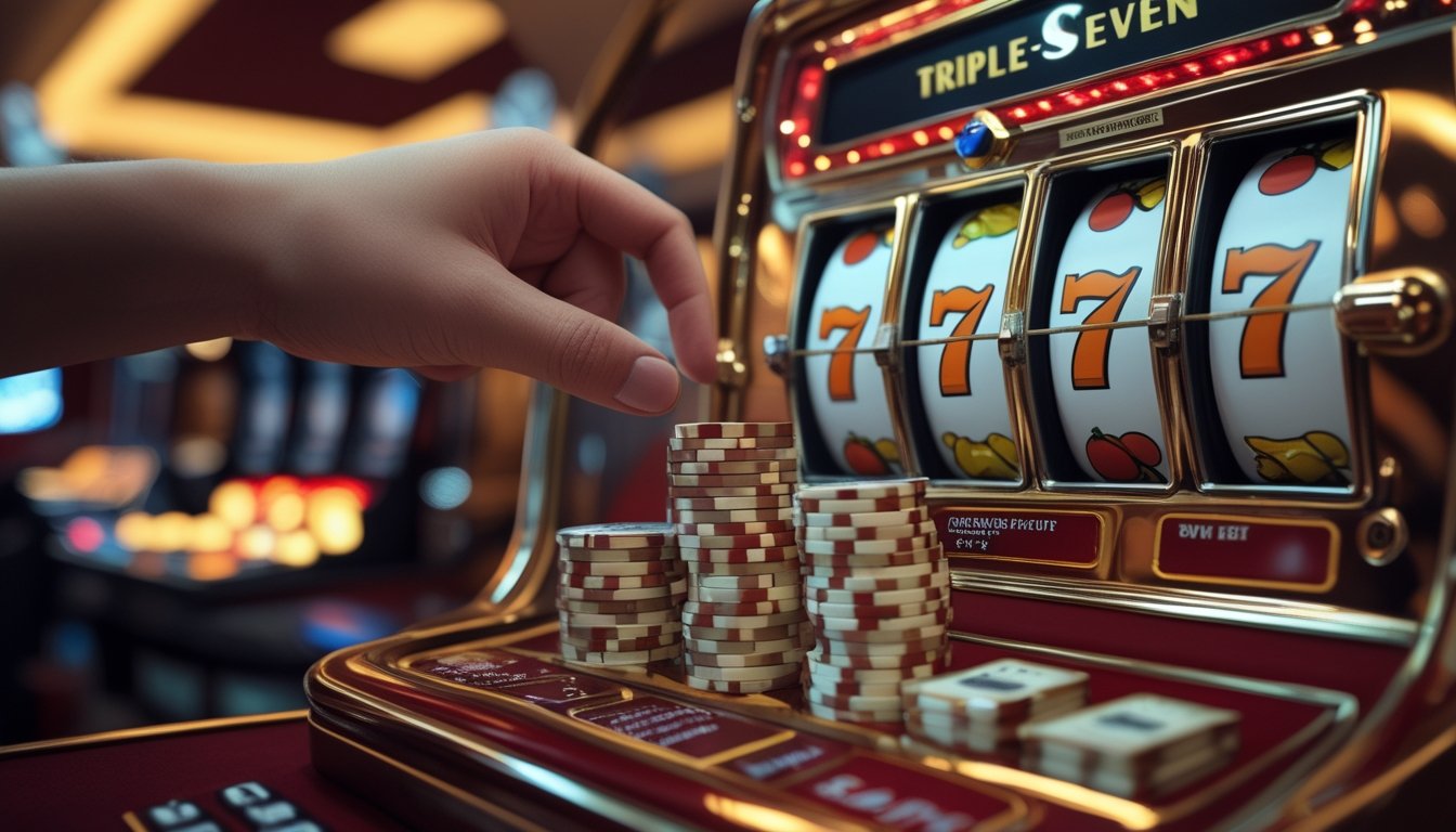 Tangan pemain menempatkan sejumlah kecil keping taruhan di samping mesin slot bergambar tiga angka tujuh.