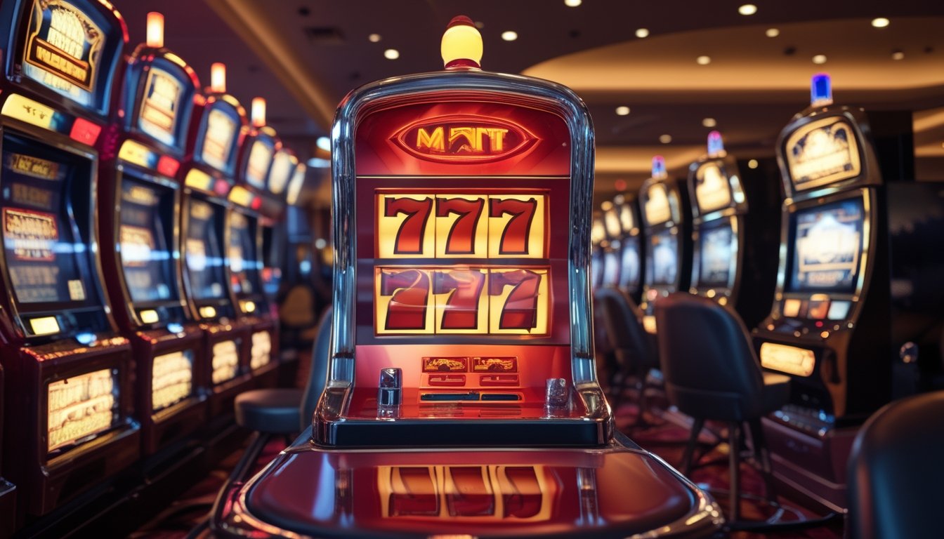 Mesin slot modern dengan tiga angka tujuh merah berdampingan dengan beberapa mesin slot klasik di kasino.