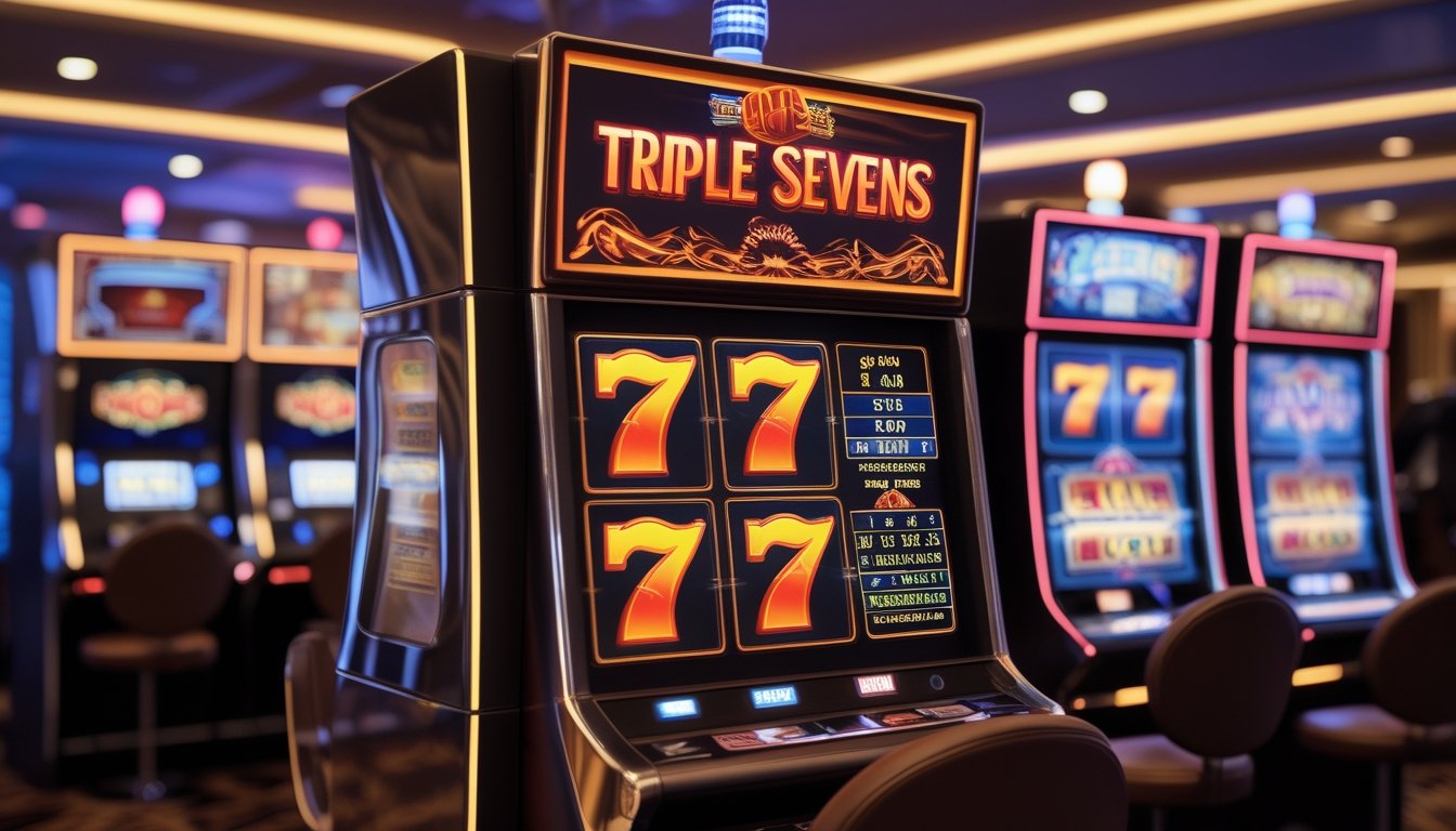 Mesin slot modern dengan tiga simbol angka tujuh di depan mesin slot klasik dalam suasana kasino.