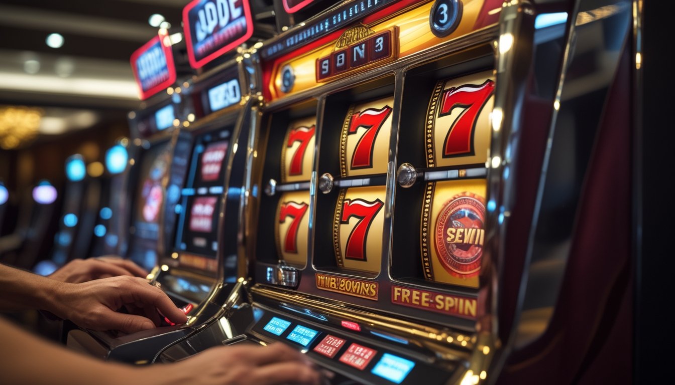 Mesin slot bertema angka tujuh dengan tiga angka tujuh sejajar dan tangan pemain di depannya.