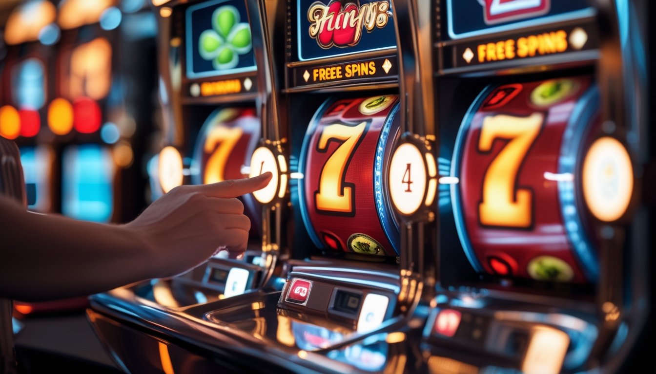Tangan pemain menekan tombol pada mesin slot dengan tiga indikator bonus yang menyala.