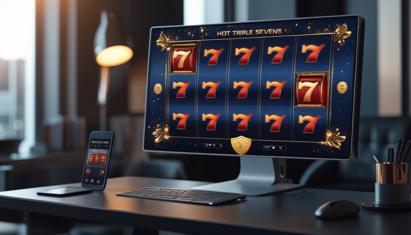 Monitor menampilkan permainan slot dengan tiga angka tujuh merah, di samping ponsel pada meja modern.