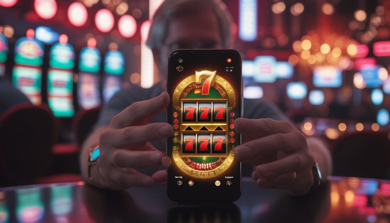 Seseorang memainkan permainan mesin slot bernuansa Las Vegas di ponsel.