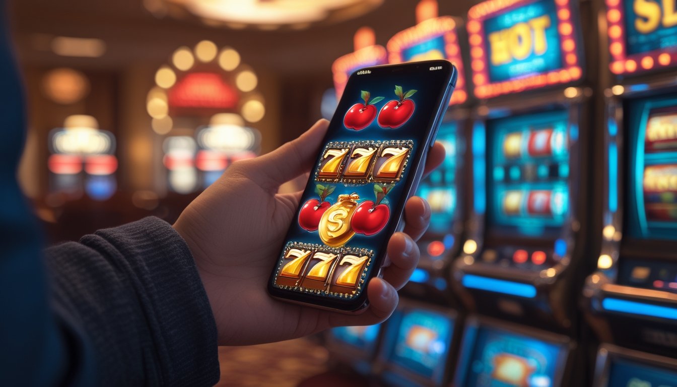Seseorang memegang ponsel yang menampilkan permainan slot bertema tujuh dengan suasana kasino Las Vegas.