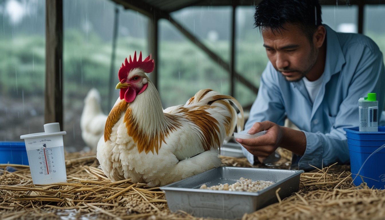 Perawat memeriksa ayam jantan yang tampak pucat dan lesu di kandang yang bersih saat hujan.
