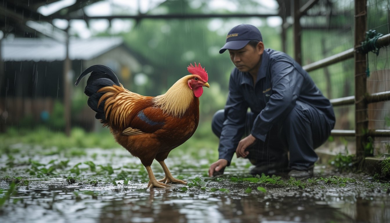 Ayam jantan tampak pucat dan lesu di dalam kandang yang terlindung dari hujan, sementara seorang perawat mengamatinya.