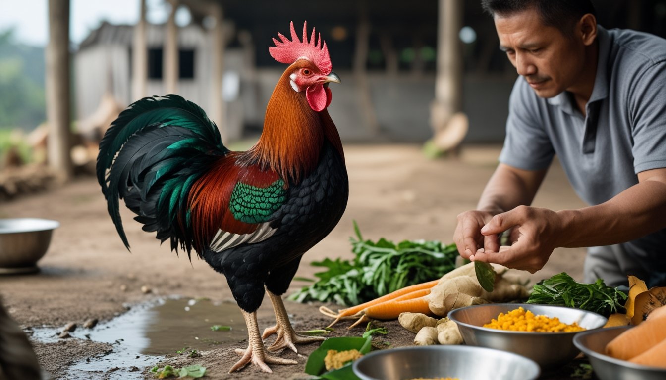 Ayam Bangkok sehat berdiri di dekat mangkuk berisi bahan makanan alami dan air bersih yang sedang disiapkan oleh pengasuhnya.
