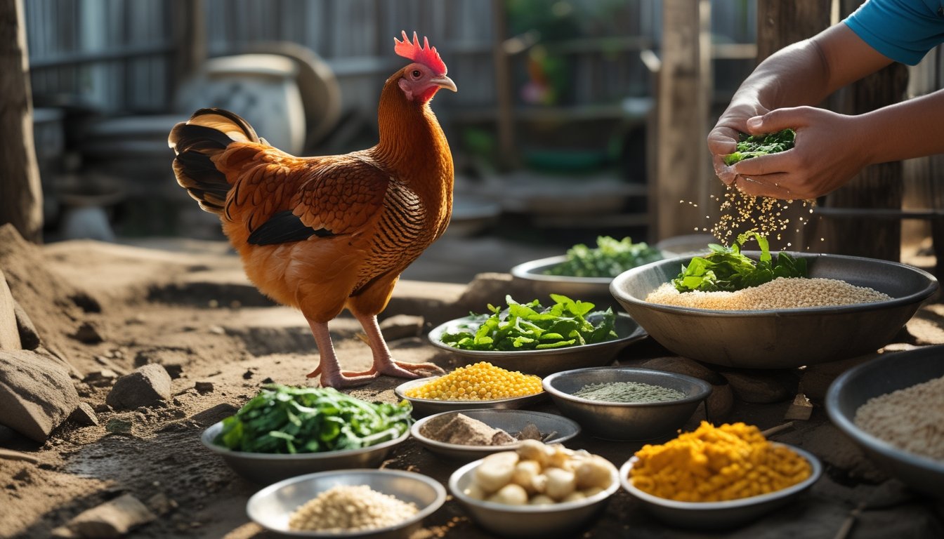 Ayam Bangkok sehat berdiri di dekat mangkuk berisi sayuran, biji-bijian, buah, rempah alami, dan air bersih.