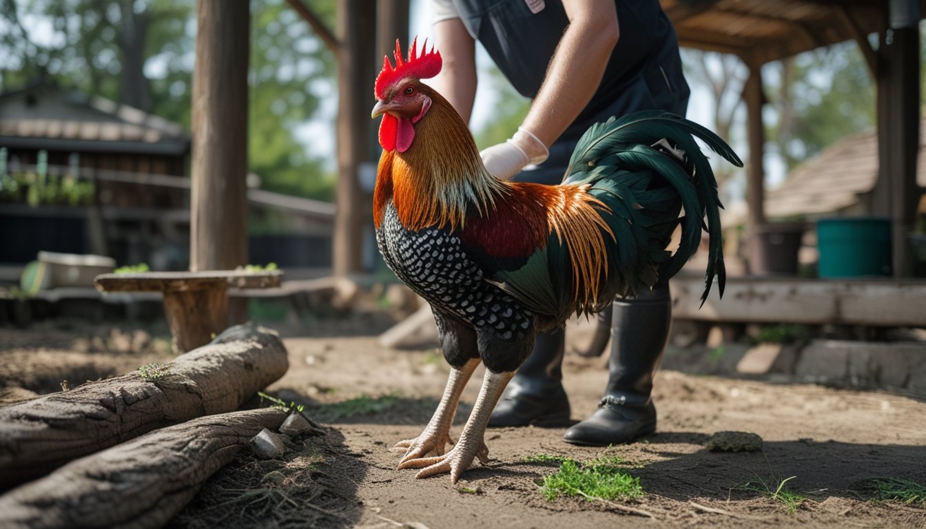 Seekor ayam Bangkok berdiri tenang saat kakinya diperiksa dan dirawat oleh tangan seorang pengasuh di kandang yang bersih.