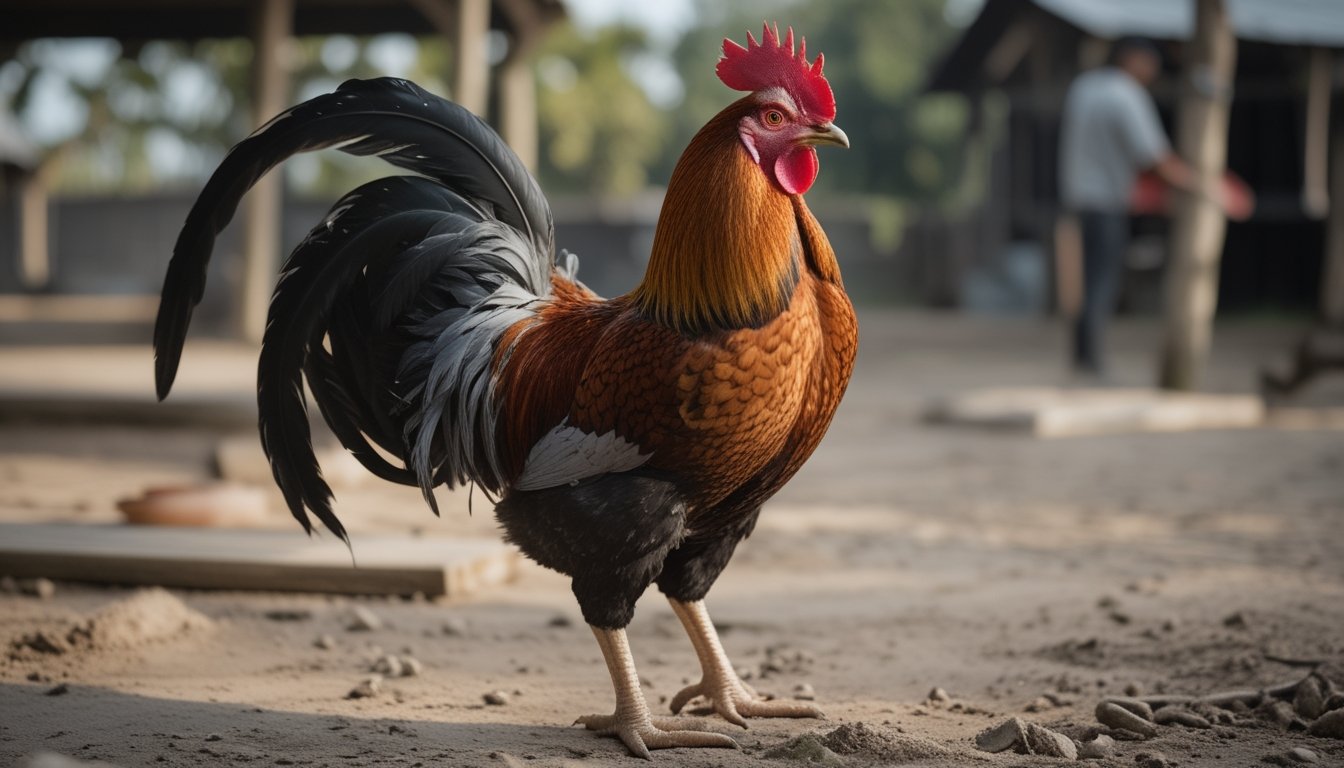 Ayam Bangkok sehat berdiri tenang dengan jalu yang tampak kuat dan terawat.