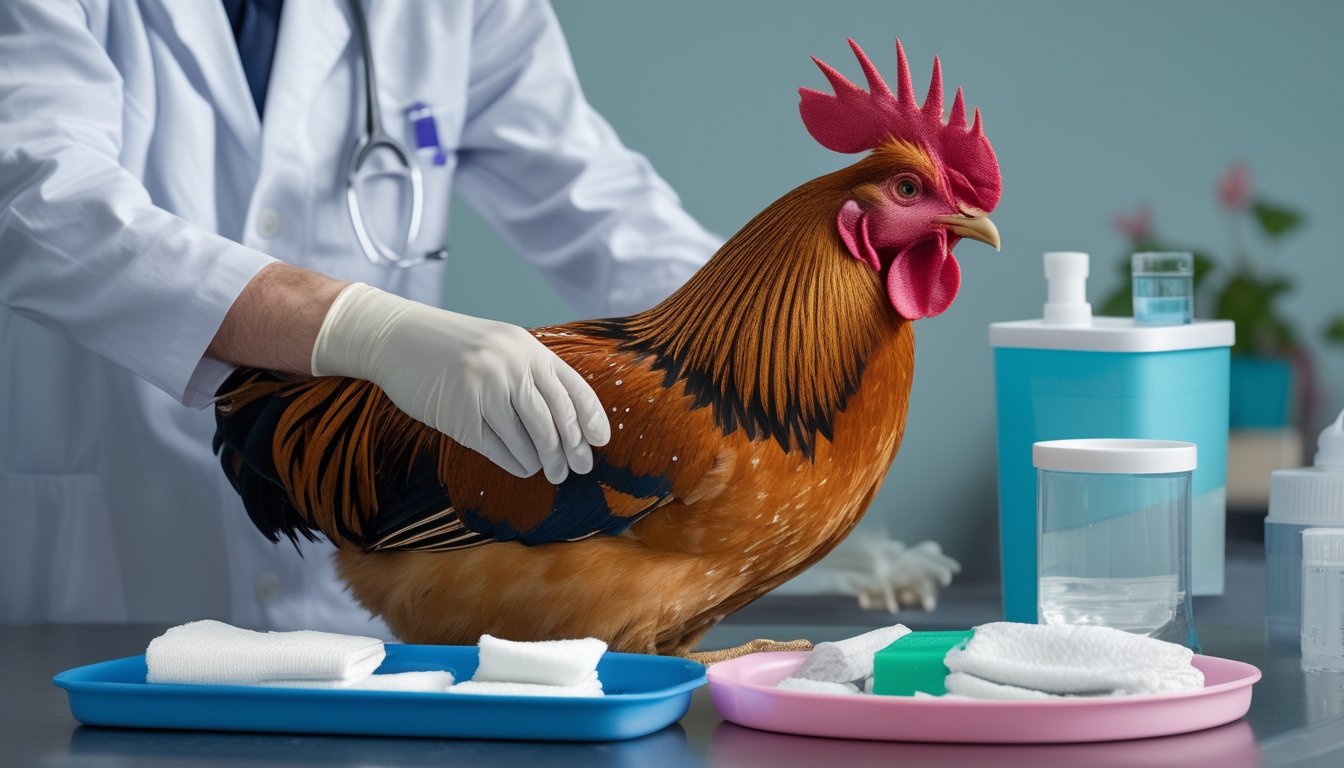 Dokter hewan memeriksa luka ringan pada ayam jantan di ruang perawatan yang bersih.
