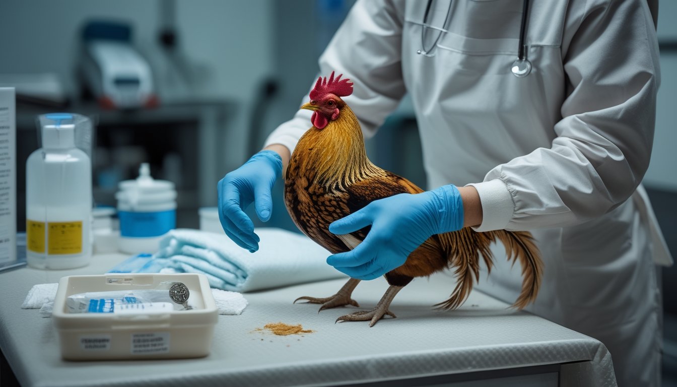 Dokter hewan memeriksa luka ringan pada ayam dengan perlengkapan pertolongan pertama di meja pemeriksaan.