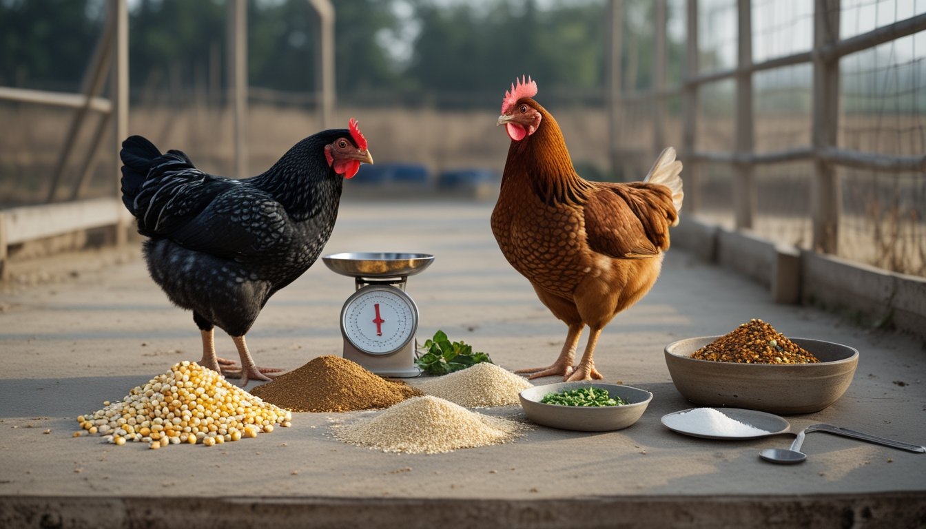 Dua ayam sehat berada di kandang bersih dengan berbagai bahan pakan bergizi yang disusun dalam mangkuk di depannya.