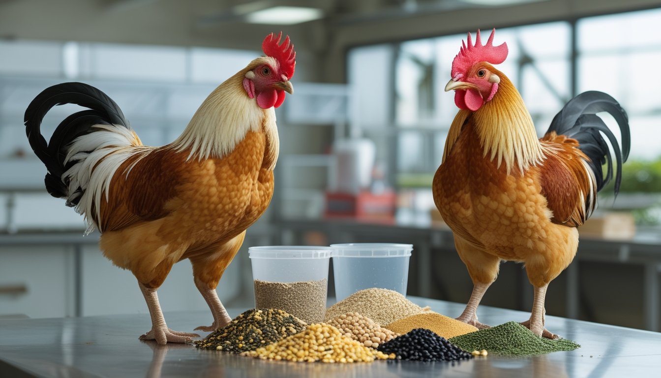 Dua ayam jantan sehat berdiri di dekat berbagai bahan pakan bergizi untuk mendukung pertumbuhan otot.