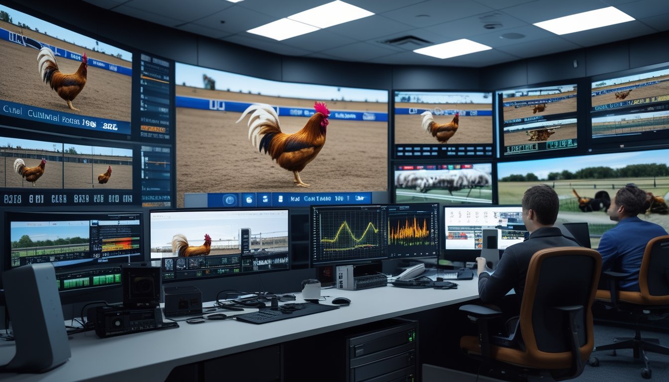 Ruang kontrol modern memantau siaran langsung arena ayam melalui beberapa layar berdefinisi tinggi.