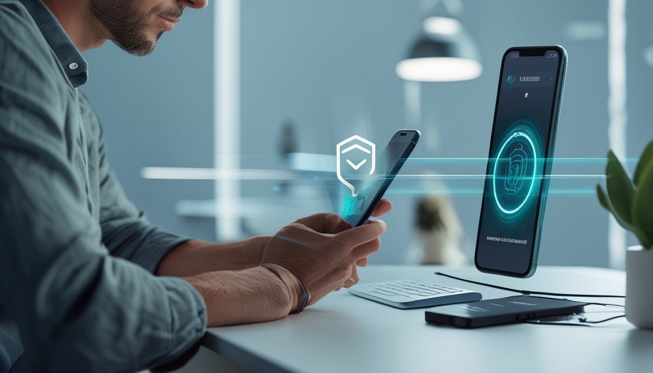 Orang dewasa menggunakan ponsel untuk mendaftar layanan digital dengan dompet elektronik di meja kerja modern.