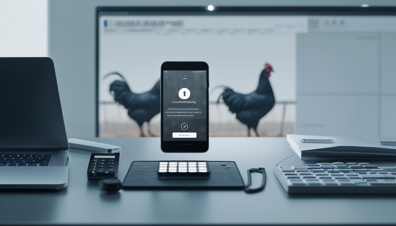 Ponsel dengan dompet digital dan dokumen hukum di meja, berlatar siluet arena sabung ayam yang samar.