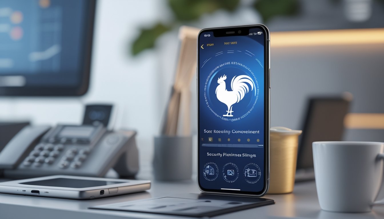 Ponsel menampilkan aplikasi permainan bertema ayam jantan di atas meja modern dengan suasana profesional.
