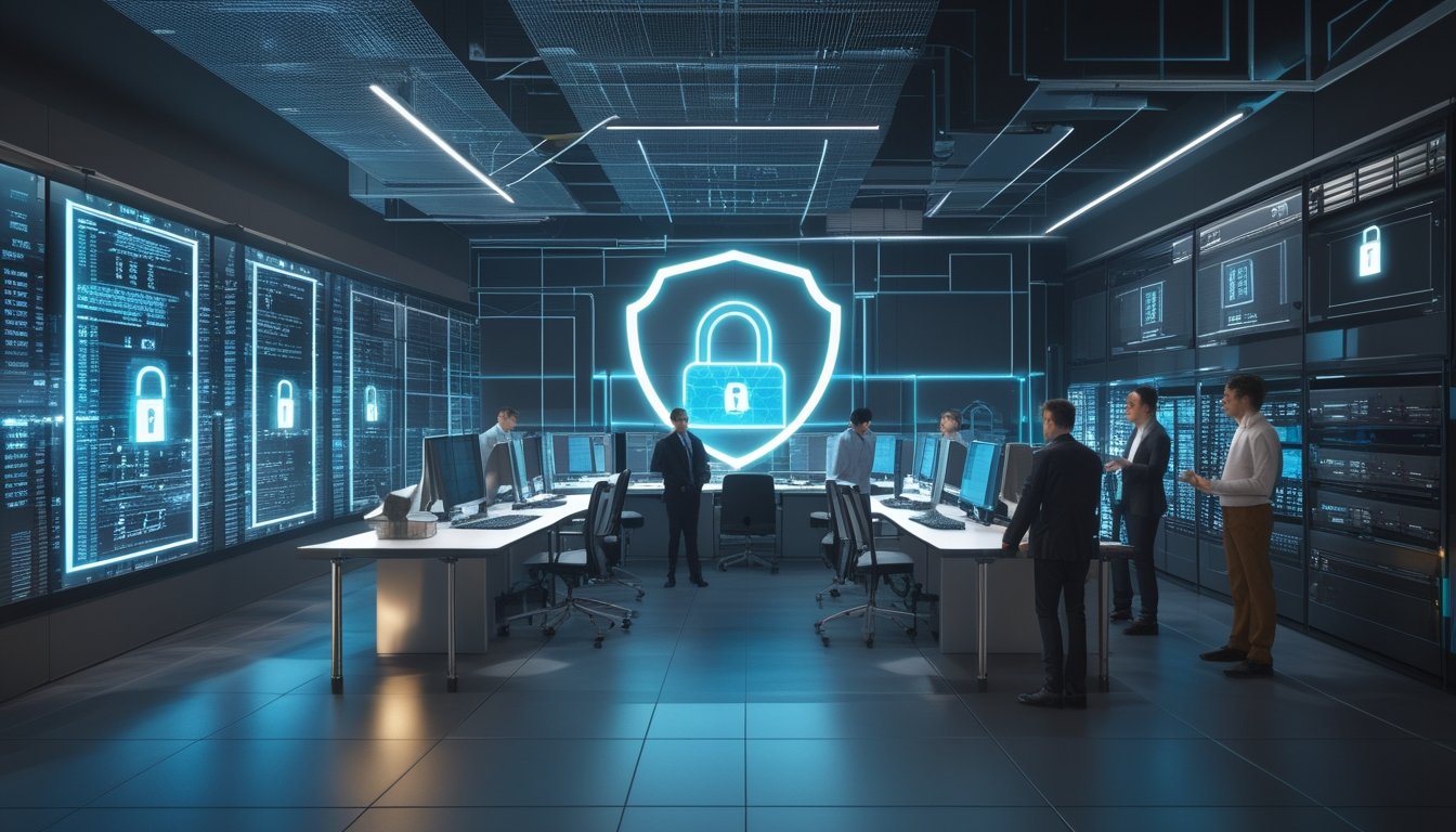 Tim keamanan siber memantau sistem enkripsi dan perlindungan data di ruang operasi modern.