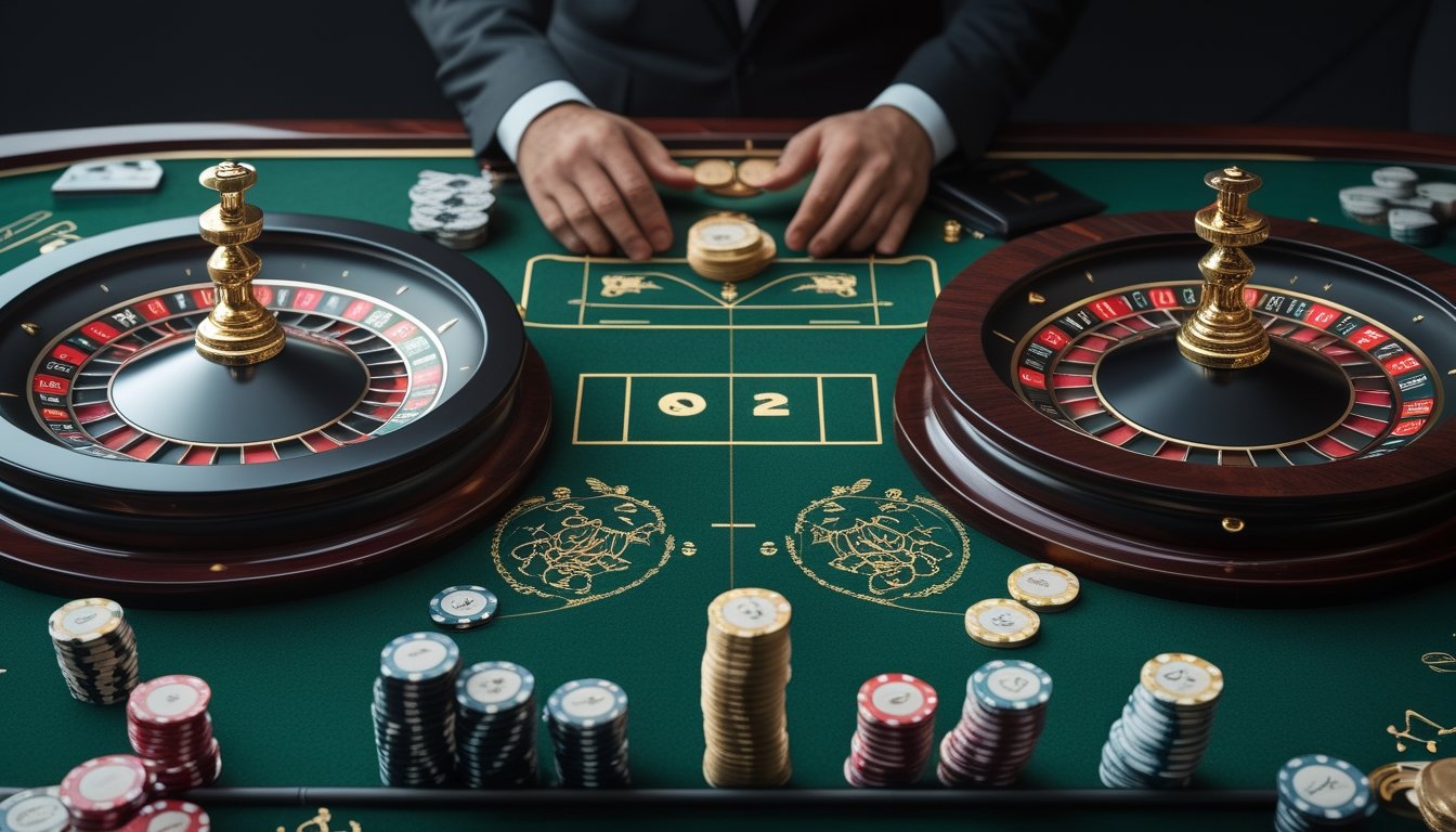Dua roda roulette berdampingan di meja kasino, satu dengan angka 0 dan 00 serta satu dengan angka 0.