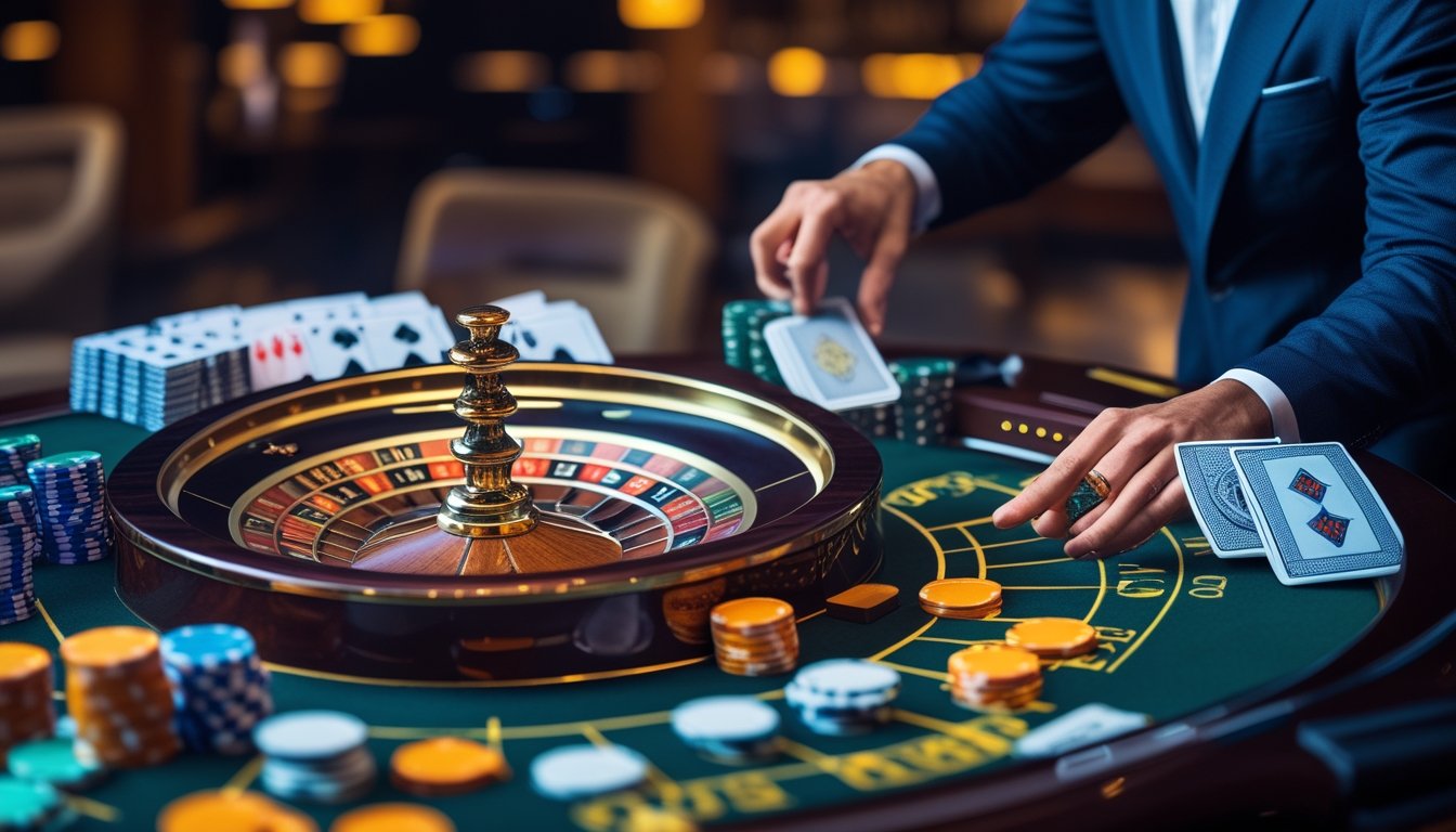 Meja roulette Amerika dengan roda roulette, bola putih, dan keping taruhan di suasana kasino mewah.