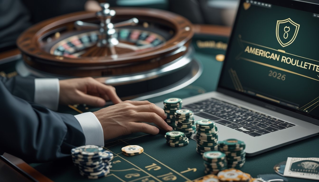 Meja roulette modern dengan roda roulette, keping kasino, dan perangkat digital yang menampilkan antarmuka kasino abstrak.