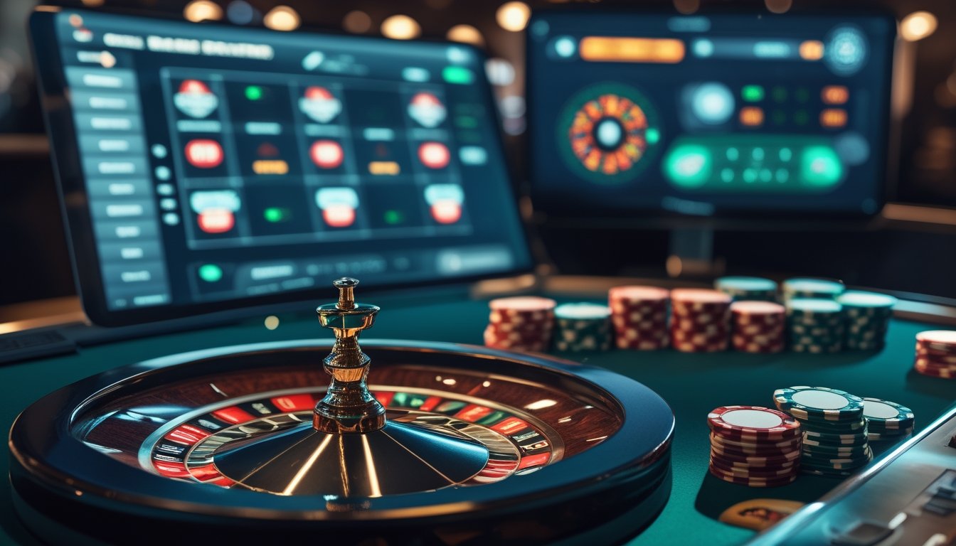 Roda roulette Amerika dengan dua angka nol berada di depan layar platform kasino digital modern.