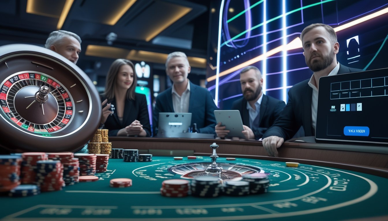 Roda roulette Amerika di lingkungan kasino digital modern dengan pemain yang menggunakan perangkat elektronik.