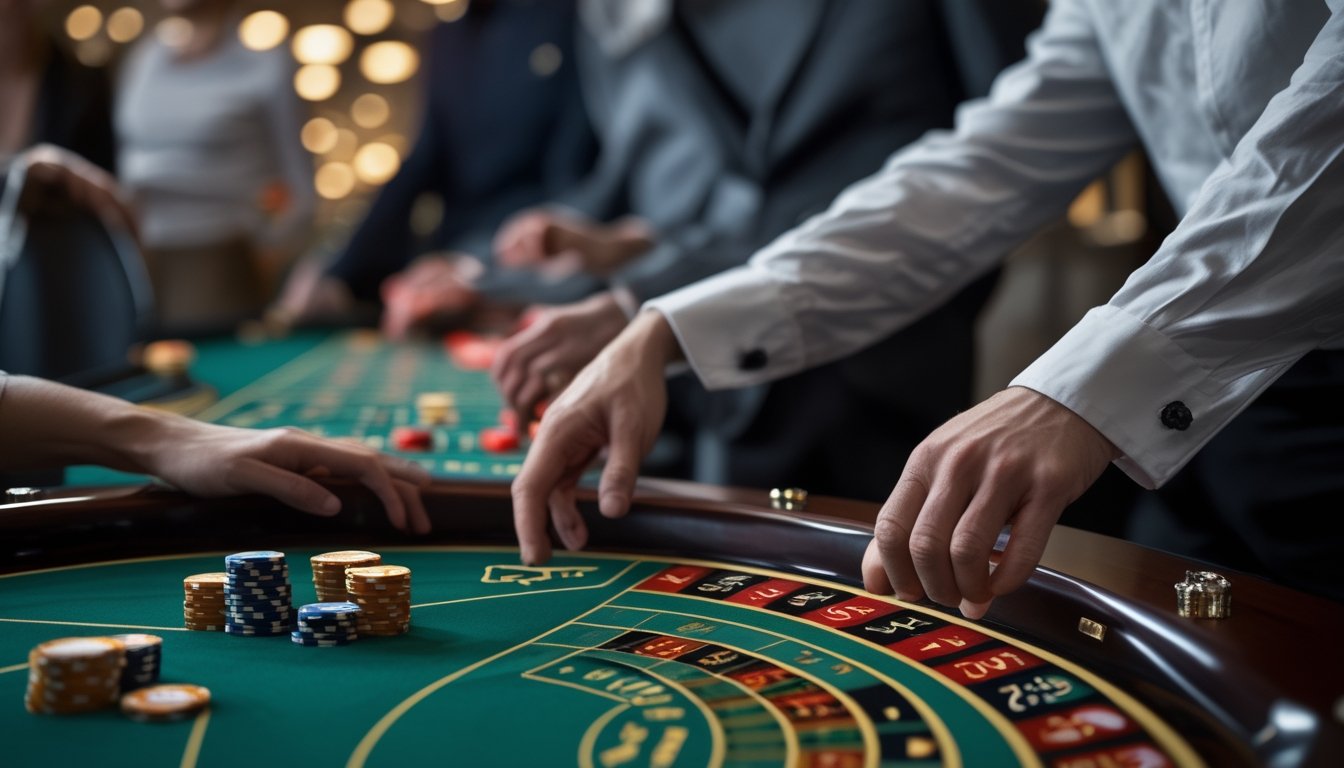 Meja roulette Amerika dengan roda roulette, keping taruhan, dealer, dan beberapa pemain di kasino.