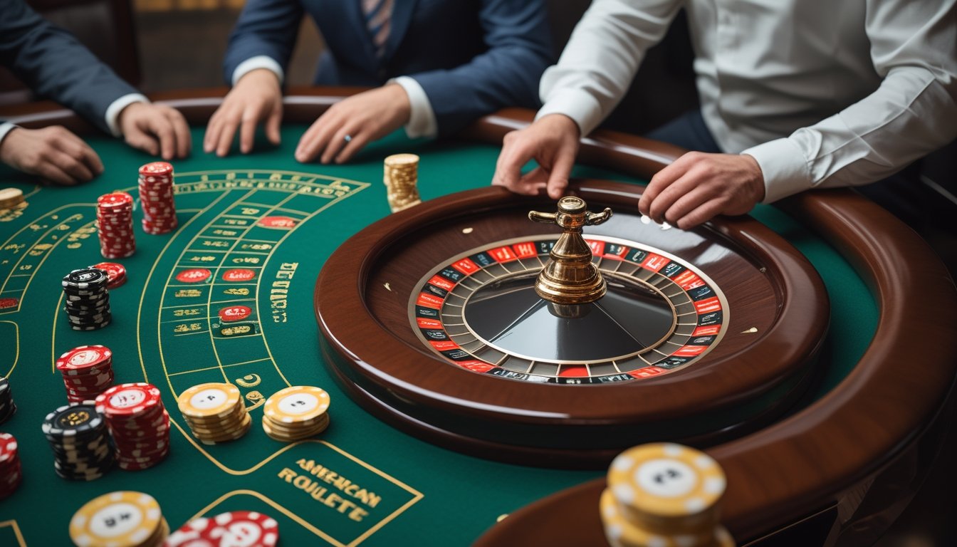 Croupier menjelaskan permainan roulette Amerika kepada beberapa pemain di meja kasino, dengan roda roulette dan keping taruhan terlihat jelas.