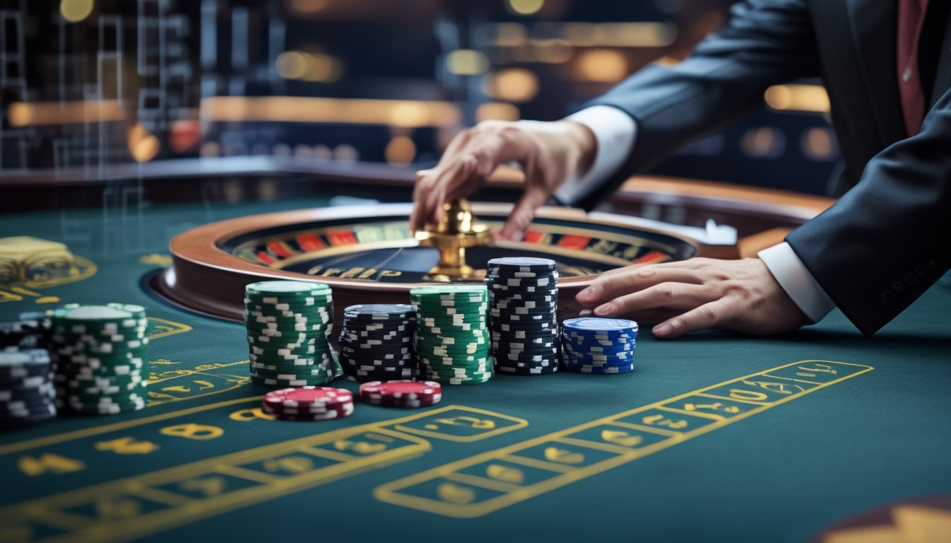 Roda roulette Amerika dengan dua kantong hijau, chip kasino, dan tangan dealer di meja.