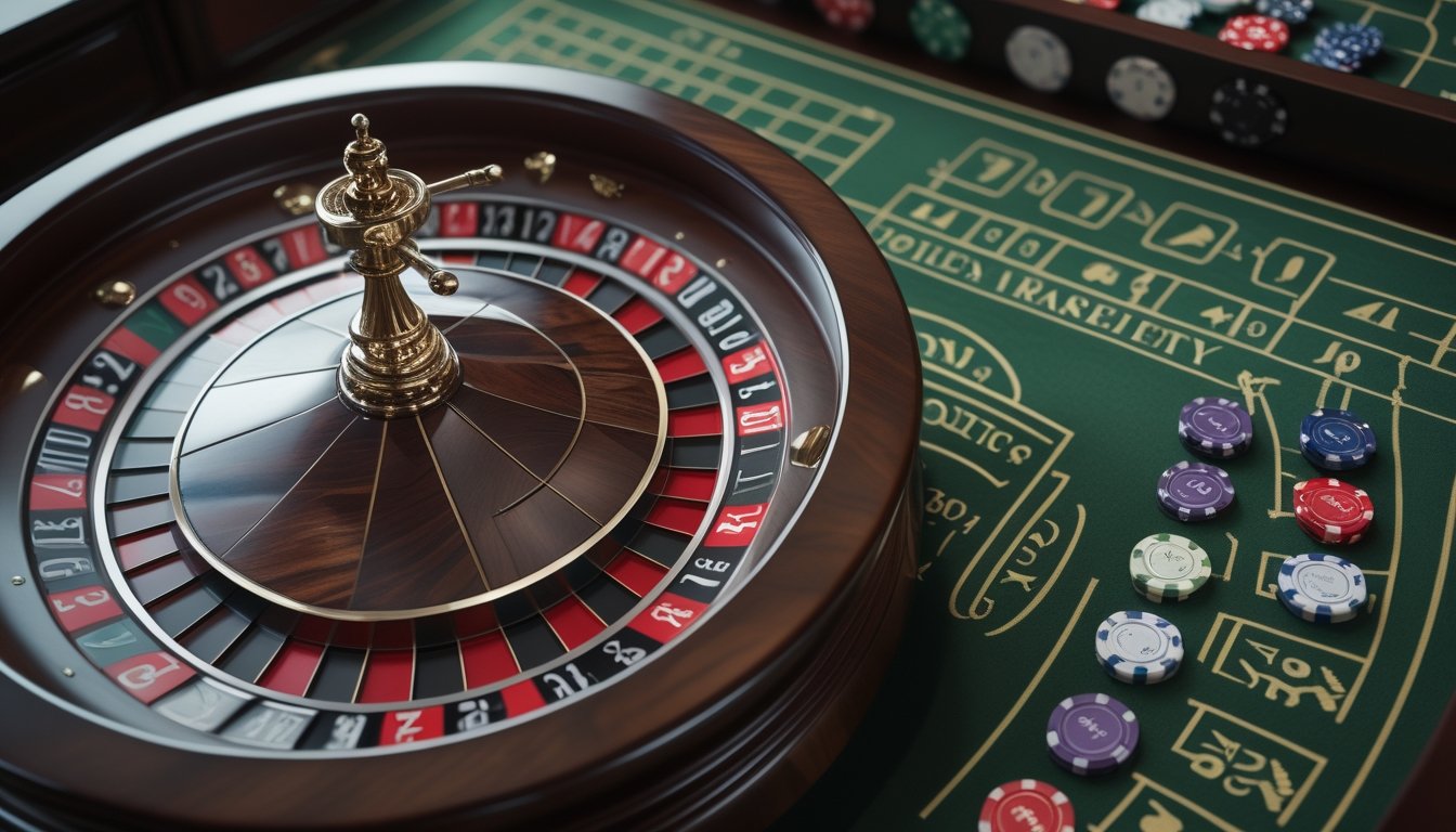 Roda roulette Amerika dengan kantong 0 dan 00 di samping tata letak meja taruhan yang dipenuhi keping.
