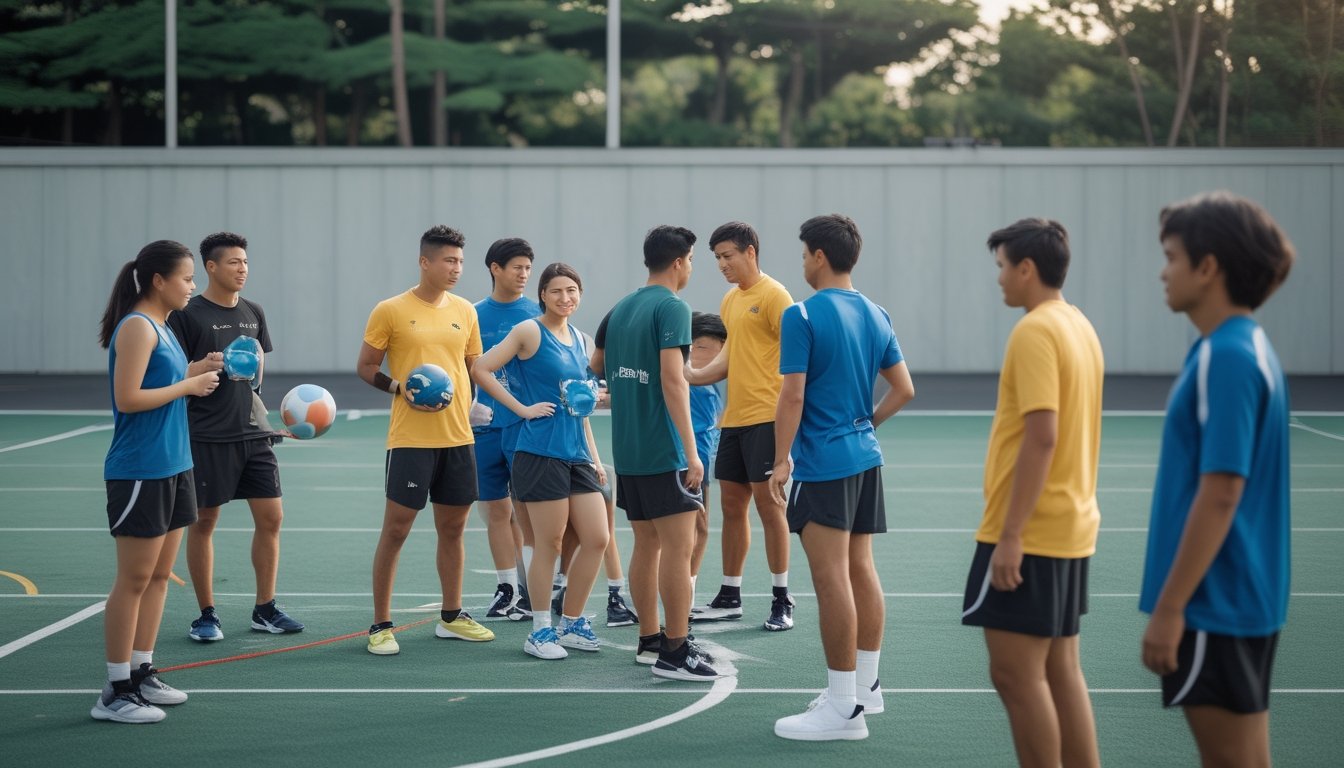 Sekelompok pemain olahraga bersiap untuk pertandingan di lapangan terbuka.