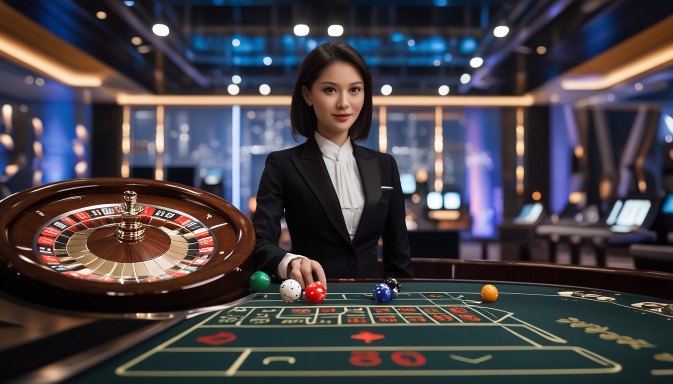 Dealer menyajikan permainan rolet langsung di meja kasino dengan roda rolet dan bola yang sedang bergerak.