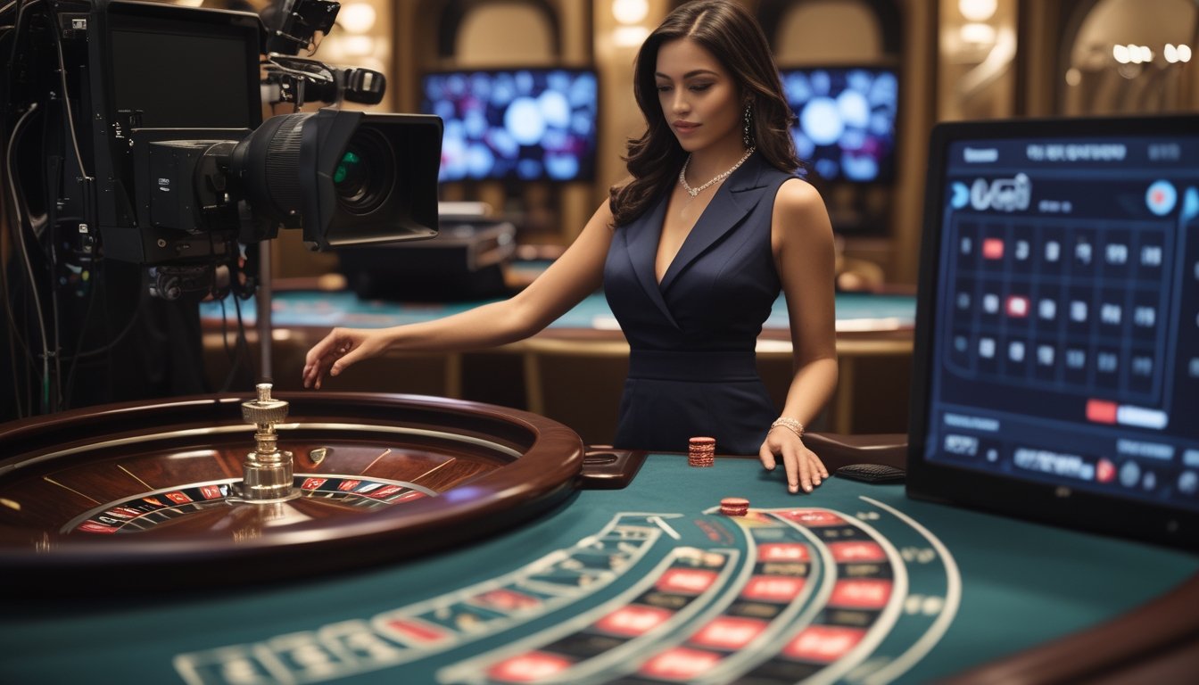 Dealer memutar roda roulette Amerika di meja kasino dengan kamera siaran di latar belakang.