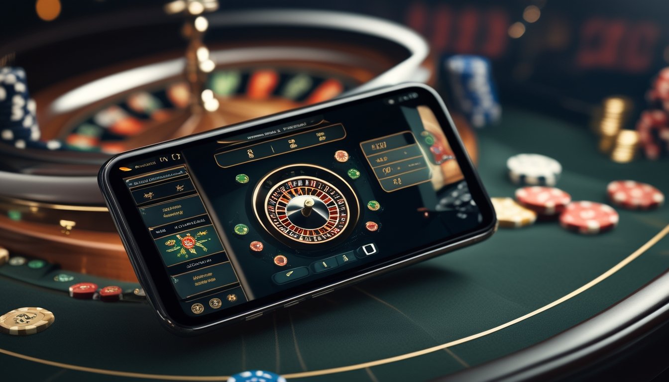 Ponsel modern menampilkan permainan roulette Amerika di atas meja kasino dengan roda roulette di latar belakang.