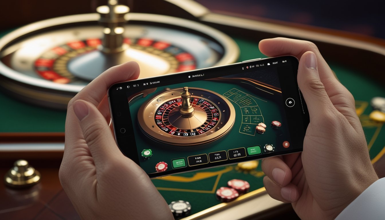 Seseorang memainkan roulette Amerika melalui smartphone di atas meja kasino.