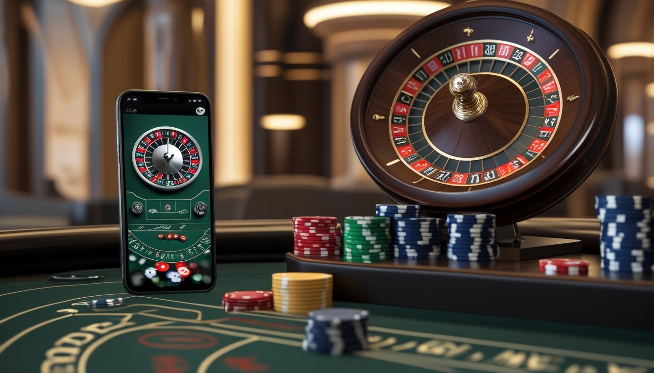 Ponsel pintar berada di samping roda roulette Amerika, keping taruhan, dan bola roulette di atas meja kasino.