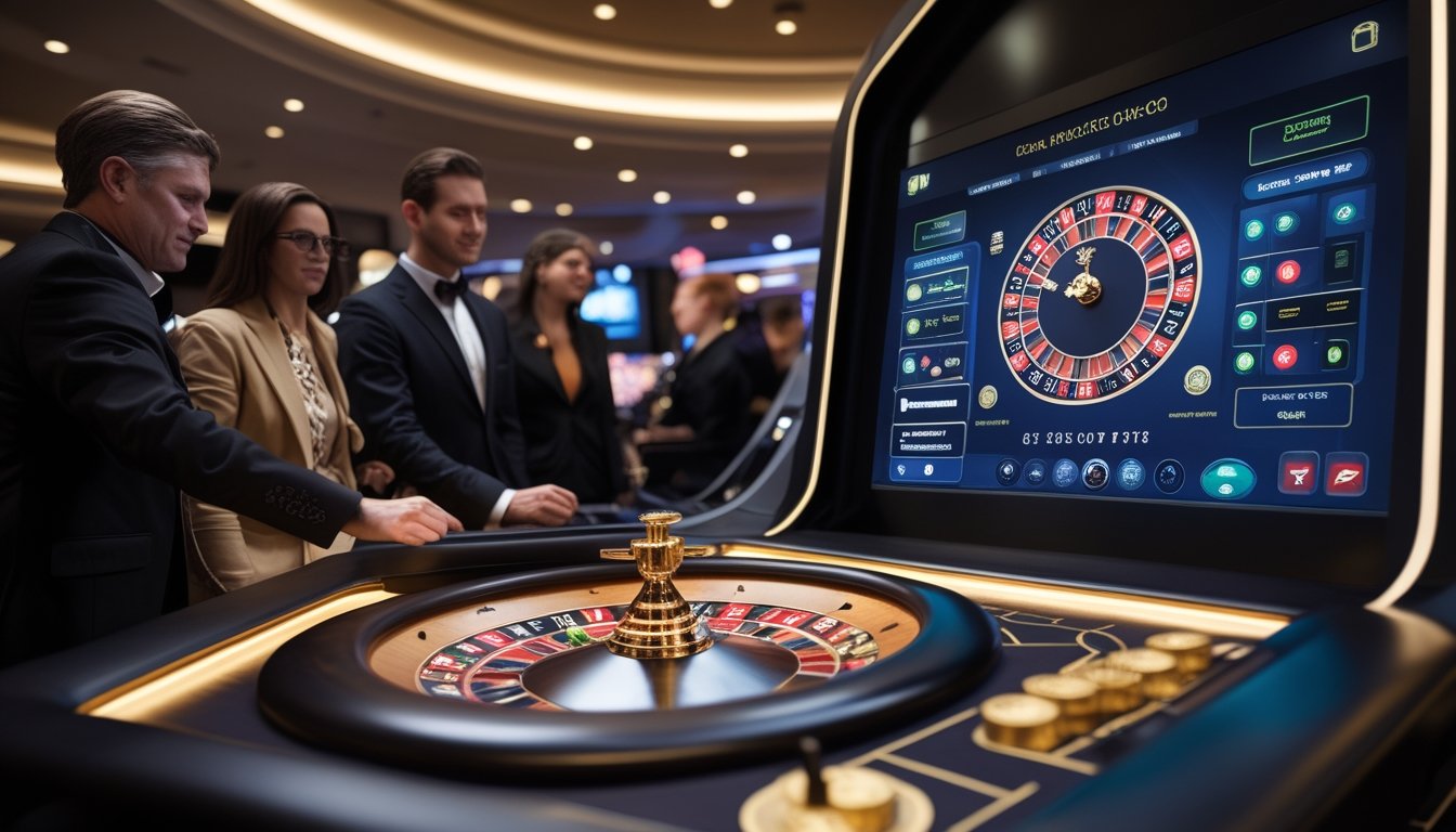 Meja roulette digital modern dengan roda roulette, layar taruhan bercahaya, dealer, dan beberapa pemain di dalam kasino.
