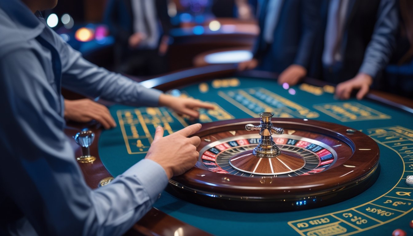 Pemain berinteraksi dengan meja roulette digital modern di lingkungan kasino.