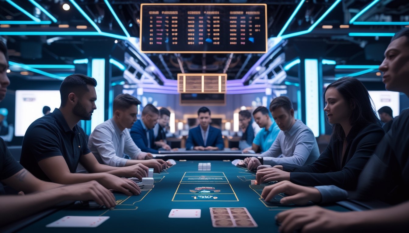Sekelompok pemain dewasa bermain poker di lingkungan kasino modern dengan teknologi digital dan tampilan jackpot bercahaya.