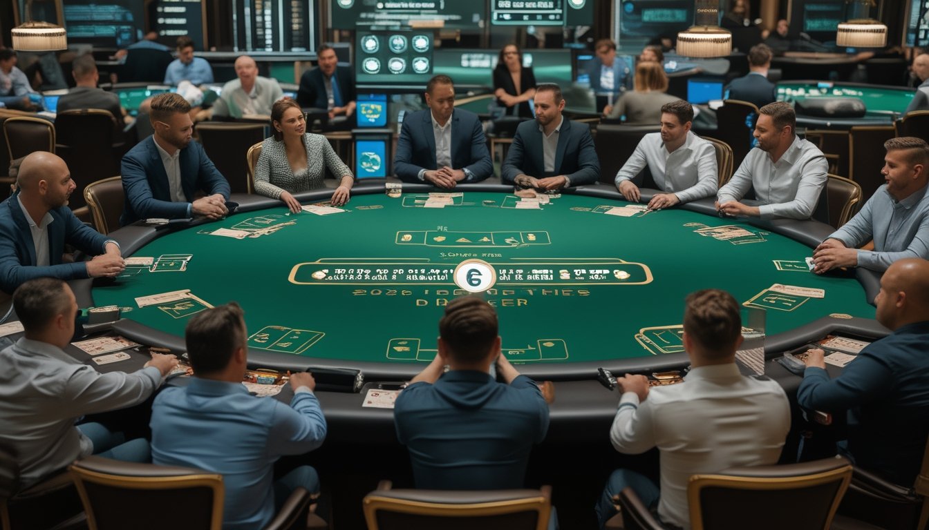 Pemain dewasa mengikuti permainan poker profesional di meja kasino dengan elemen digital yang menggambarkan perkembangan industri.