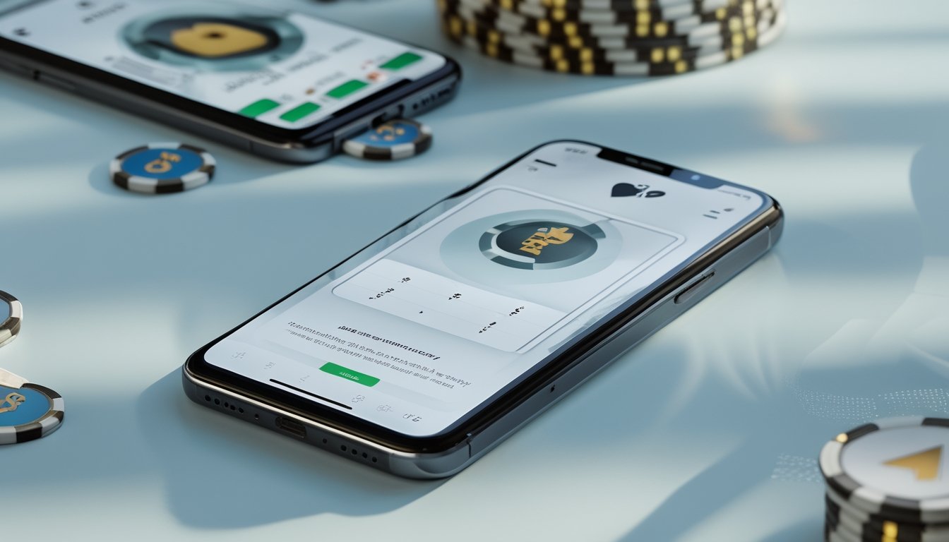 Ponsel pintar menampilkan permainan poker dengan kartu dan chip di atas meja modern.