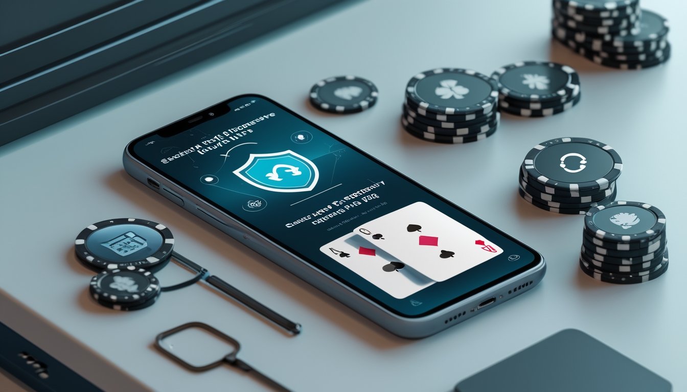 Ponsel pintar dengan tampilan permainan poker dan simbol keamanan dikelilingi kartu serta keping poker di atas meja modern.