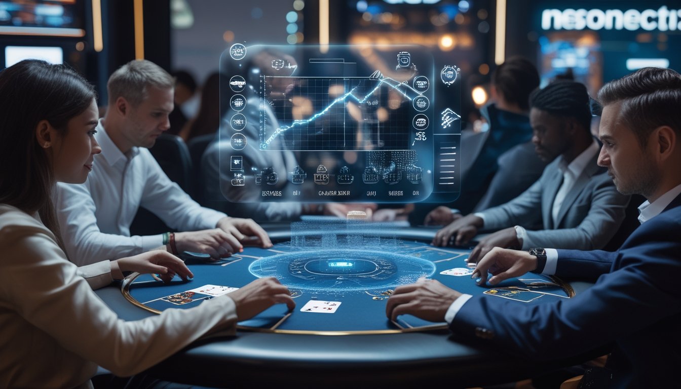 Pemain poker bermain di meja modern dengan tampilan analitik AI holografis dan elemen teknologi digital.