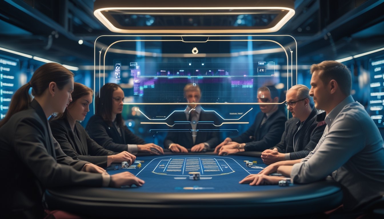 Pemain poker menggunakan meja permainan modern dengan visualisasi data kecerdasan buatan di atasnya.