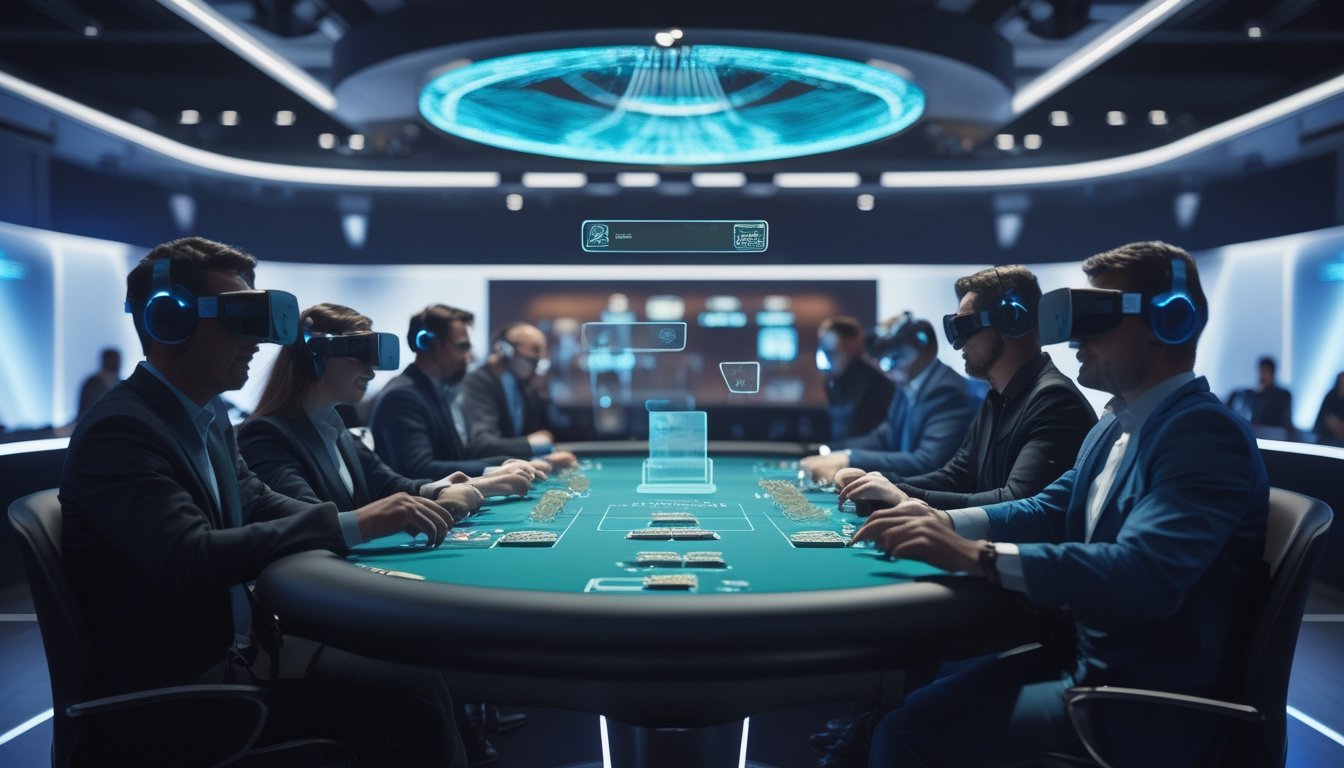 Pemain dewasa mengikuti turnamen poker virtual reality di meja futuristik dengan kartu dan chip holografis.