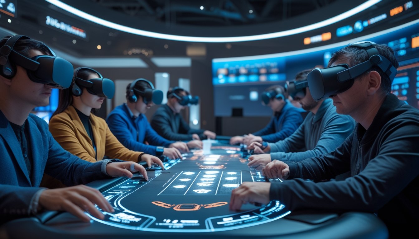 Para pemain dewasa mengikuti turnamen poker virtual reality di arena futuristis dengan meja holografik dan headset VR.